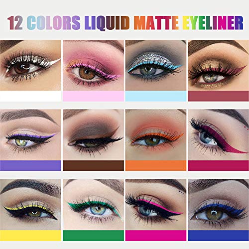 Matte Liquid Eyeliner 12 Colors Waterproof High Pigmented Colorful Brighten Pigments Smudgeproof Long Lasting Liquid Eye Liner Pen Set Matte Eye Shadow for women girl(12 PCS)