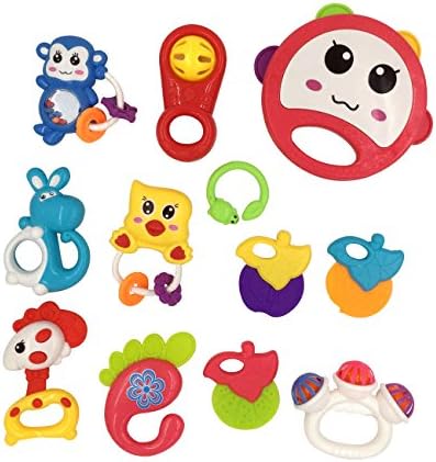 Baby Rattles Toys Set - 12pcs Rattle &amp; Teether Ring Hand Bell Toys for Newborn Baby, Infant Toddler Nursery Gift Play Set