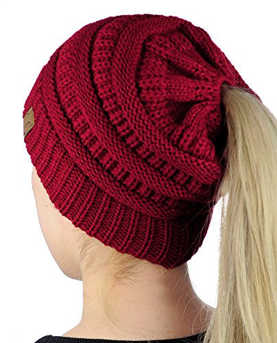 C.C BeanieTail Soft Stretch Cable Knit Messy High Bun Ponytail Beanie Hat, Burgundy