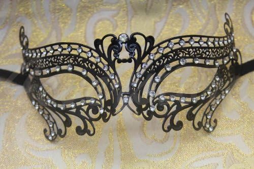 Venetian Black Laser Cut Swan Swirl Design Masquerade Mask for Mardi Gras Or Halloween - Decorated With Gem Crystals