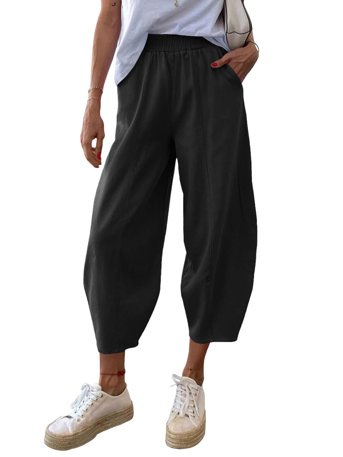 Photo 1 of Cicy Bell Women's Summer High Waisted Baggy Pants Casual Cotton Harem Capris Slacks with Pockets Black