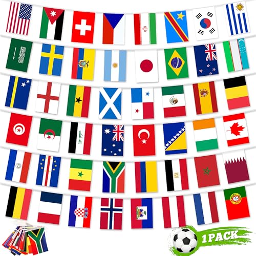 World Football 2026 Cup Bunting Flags 48 Participating Countries Teams, Double Sides for Garden Room School Bar Street 2026 World Football Cup Bunting and Flags Decorations (1 PCS)
