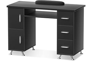 ABTSalon Nail Tech Table Black Double Layered Nail Desk for Nail Tech Desk Acetone Resistant Nail Table with Drawers, Black