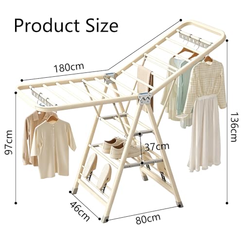 Velvaria Lndoor Foldable Clothes Drying Rack, Adjustable Wings Space Saving Carbon Steel drying rack for bedsheets clothes quilts shoes (White, 180 * 47 * 91cm)