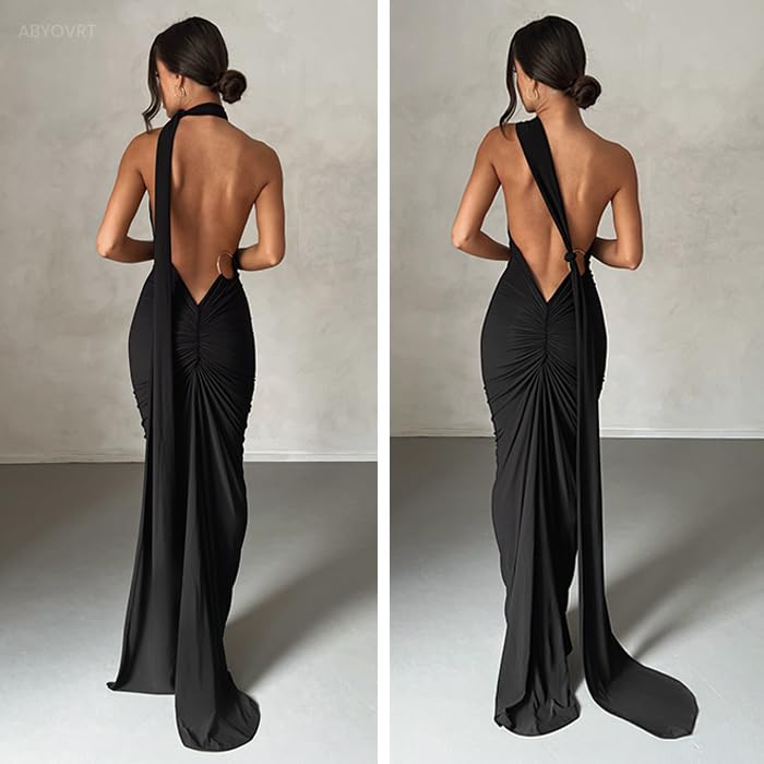 ABYOVRT Women Sexy Backless Bodycon Sleeveless Open Back Maxi Dress for Going Out, Elegant Party Cocktail Long Dress