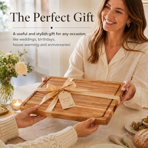 Tabla para Picar Cocina de Madera de Acacia 42 × 33 × 2.5 cm,ideal para carne, verduras, quesos y charcutería, reversible con canal para jugos