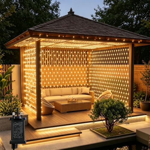 Leisure world 3m x 3m LED Net Lights Plug in Mesh Fairy Lights Outdoor String Lights 8 Modes Waterproof 270 LED Light with Timer for Pergol,Gazebo,Trees, Bushes, Garden, Outdoor Christmas Decorations