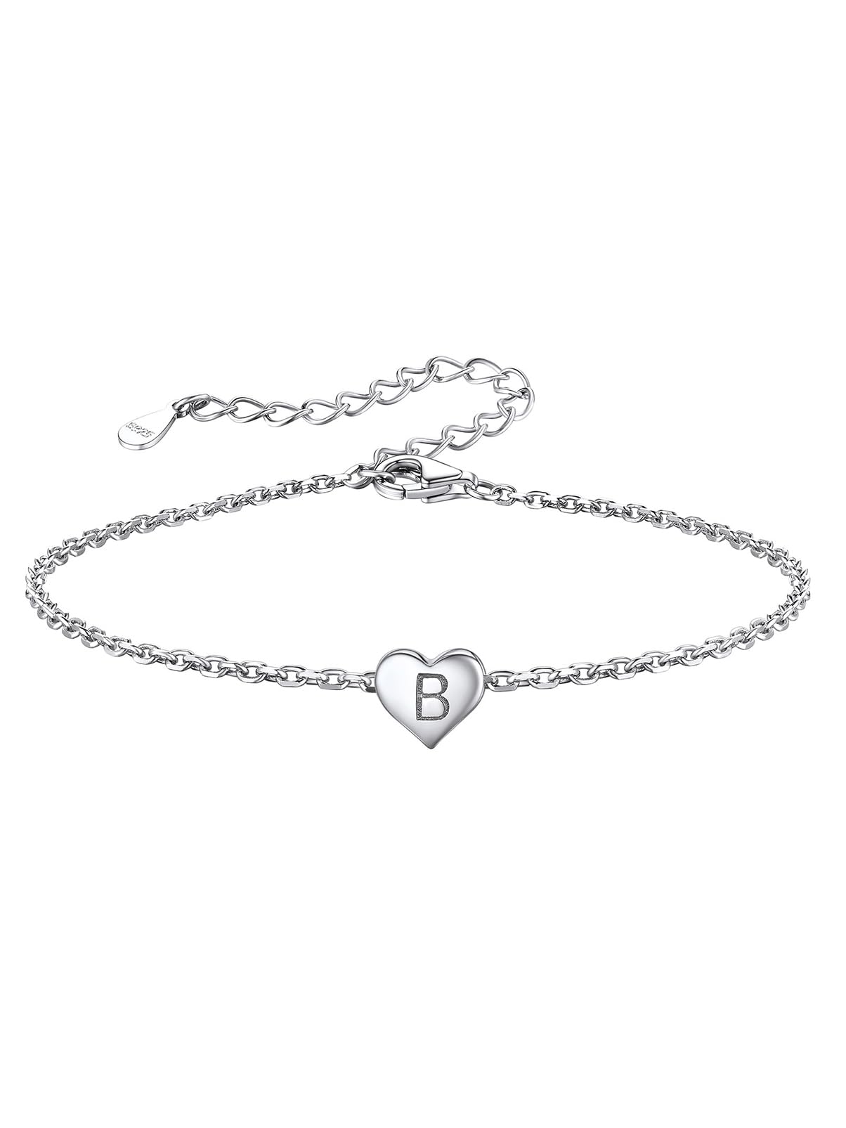 Silvora S925 Sterling Silver Bracelet for Women Heart Initial Letter B Adjustable Love Jewellery Gift for Girls Sisters Friends Mum Daughter Birthday with Gift Box