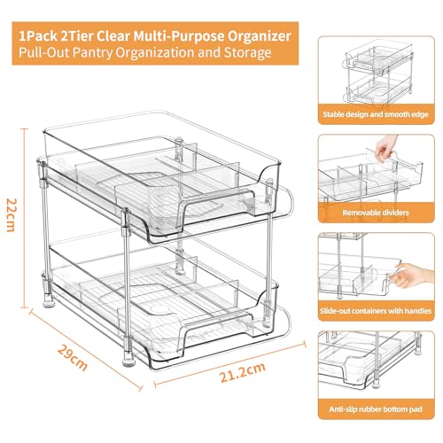 Yoawllty Under Sink Organizer, 2-Tier Bathroom Cabinet Organizer, Clear Organizers storage with Dividers and Cups, Multi-Purpose Slide-Out Storage Container for Cabinet, Fridge, Kitchen, Makeup