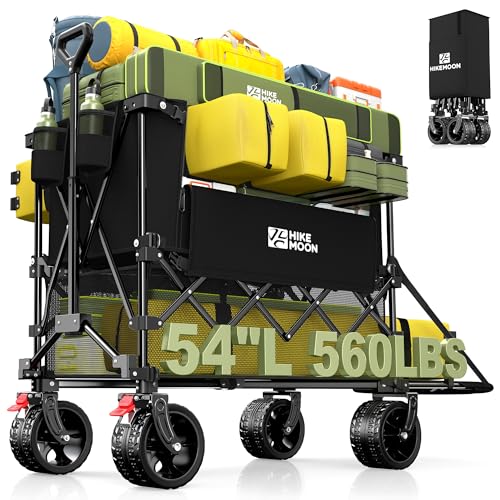Hikemoon 400L Double Decker Wagon with Tailgate 54'' Extra Long, 560LBS Heavy Duty Wagons Carts Foldable, Big All-Terrain Wheels with Brakes, Utility Folding Cart for Beach, Camping, Sports, Black