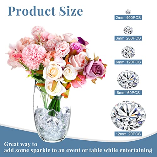 Hicarer 800 Pieces Diamond Decorations Acrylic Diamond Table Scatter Crystals for Table for Vase Fillers Party Decorations(12, 8, 6, 3, 2mm,Clear)