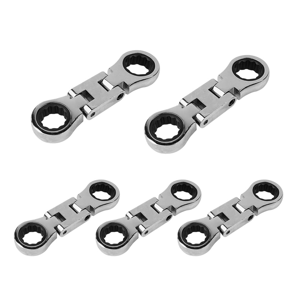 Sarini 5 Piece Stubby Flex-Head Ratchet Wrench Set Metric Combination Sae 72 Teeth, Crv, Nickel Plated, With Rolling Pocket 8m10m12m13m14m15m16m17m18m19m