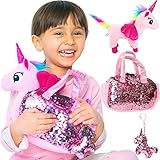 Little Jupiter Rainbow Unicorn Plush Pet Set with Purse 3 PC Unicorn Toys - Fancy Plush Toys Bag - Plush Toy - for Girl - Pink - Children - Girl Toys - Stuffed Unicorn