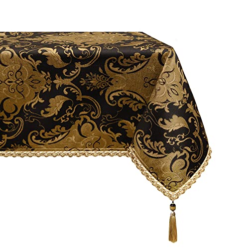TOPLUXE Damask Tablecloth with Tassels, Decorative Rectangular Tablecloth, Table Cover for Dining Table Kitchen Living Room Party (140 x 240 cm, Black)