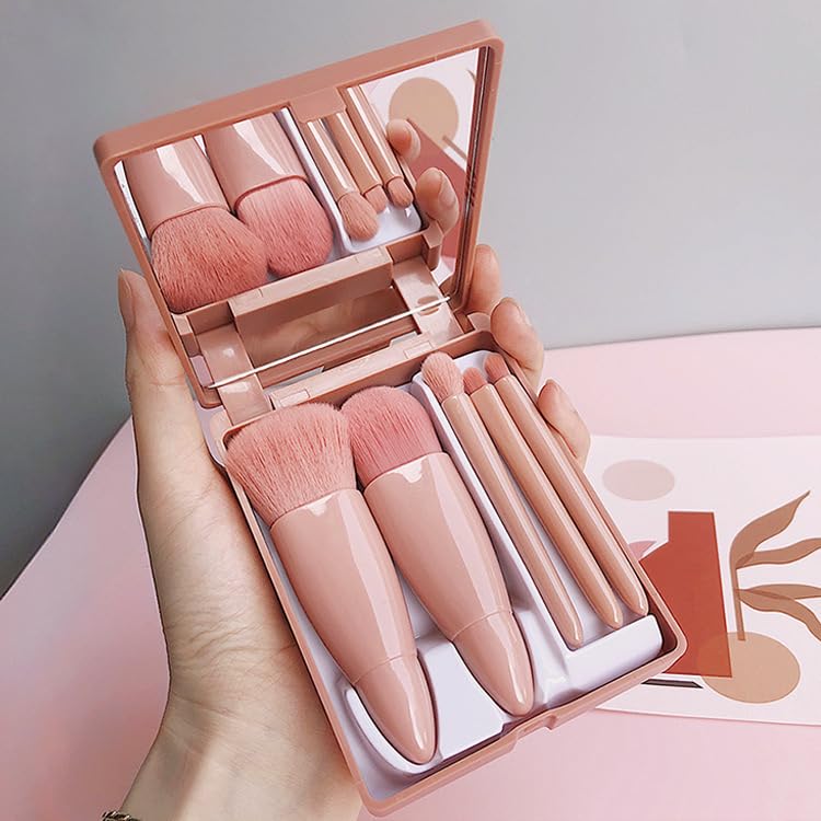 Photo 1 of 5pcs Portable Makeup Brush Set With Mirror, Boxed Makeup Brush Set, Multifunctional Powder Brush, Blush Brush With Mirror Box, Mini Multifunctional Powder Brush, Foundation Brush, Eyeshadow Brush