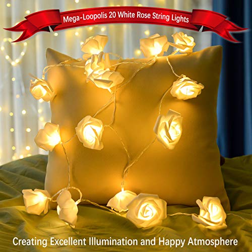 LOLStar Valentine\'s Day String Lights 10FT 20 LED Rose Flower LED Lights Battery Operated for Wedding Party Birthday Girl\'s Bedroom Indoor Decorations Large Rose Diameter 2.7inch (White)