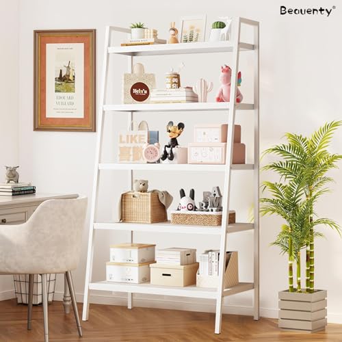 Beauenty Ladder Shelf, 5 Tier Bookshelves Bookcase, Corner Storage Racks, Freestanding Shelf Organizer for Living Room, Bedroom, Kitchen, Bathroom, Metal Frame (White)