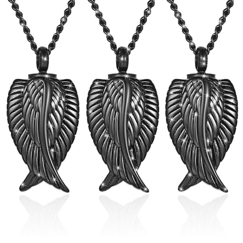 3 Pack Urn Necklace for Ashes Memorial Cremation Jewelry for Ashes, Angel Wings Silver & Black Urn Locket for Ashes Stainless Steel Urns Pendant Keepsake Jewelry with Different Words & Funnel Kit & Bag