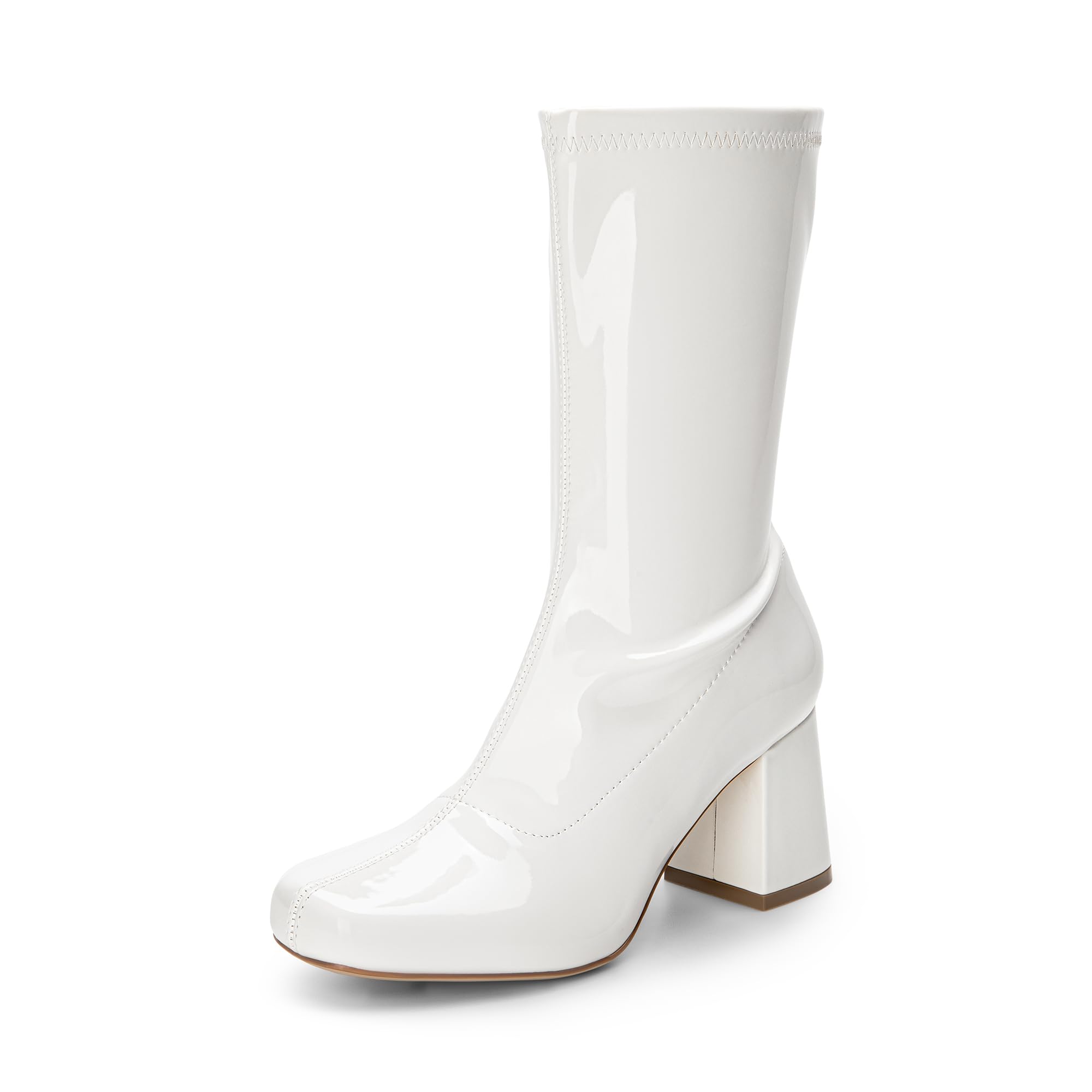 Photo 1 of DREAM PAIRS Women's Gogo Boots Mid Calf Low Block Heel Boots Zipper Square Toe Ankle Boots For Party Cosplay Dance,Size 10,White-Pat-1,SDMB2301W-1
