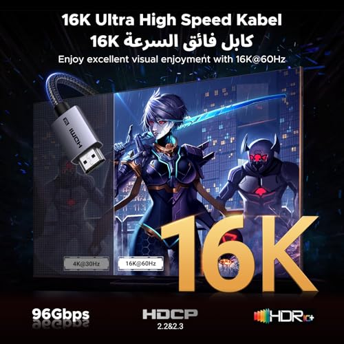 UGREEN HDMI 2.2 Cable 16K 96Gbps Braided Cord, Male to Male 2m, Supports 8K@240Hz 4K@480Hz eARC VRR QFT, Compatible with PS5 TV Monitor Aluminum Housing