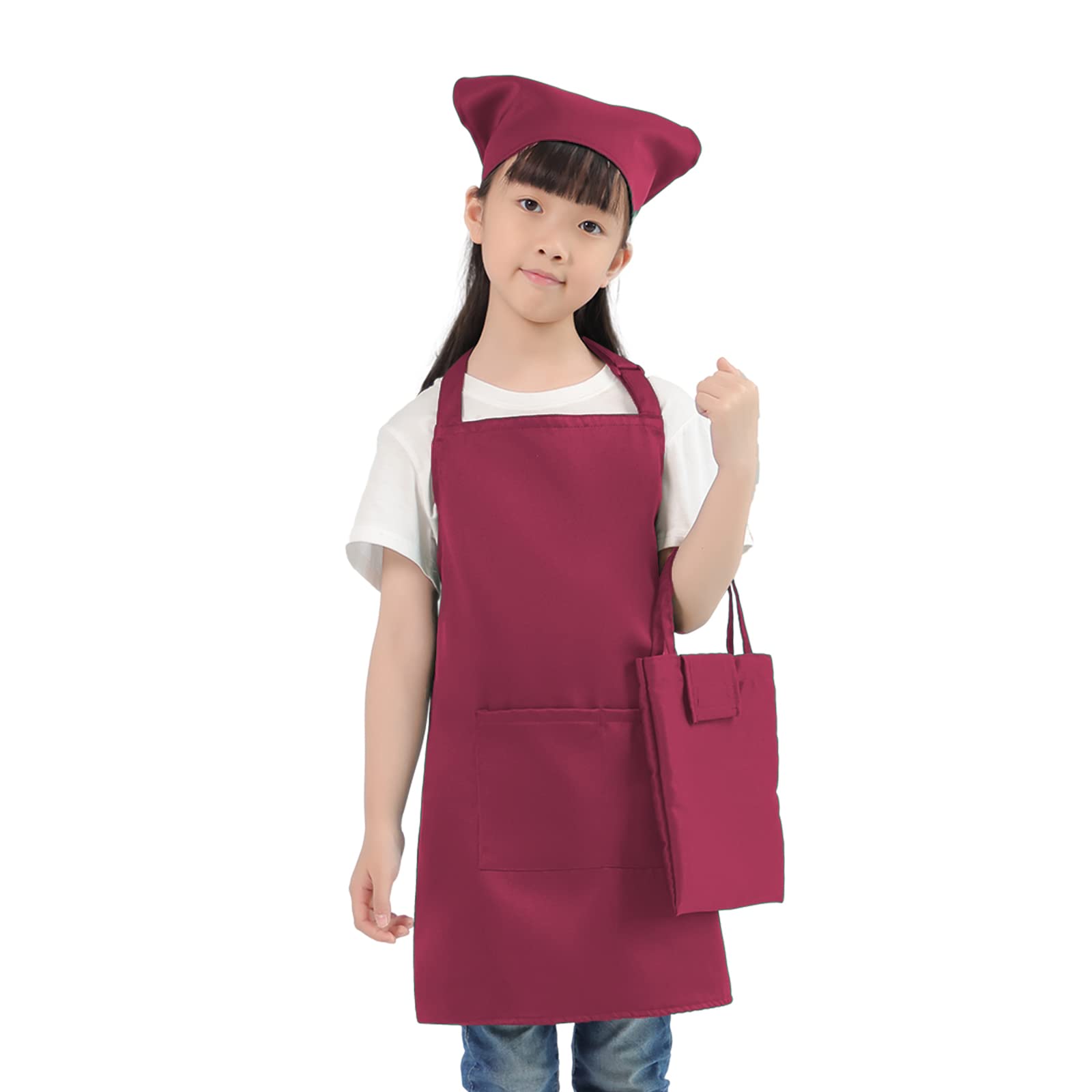 [cozycube] エプロン子供用 キッズ用エプロン 三角巾 巾着バッグセット しわになりにくい 小学生 無地 シンプル 着脱簡単 収納バッグ付き 男女兼用 色落ちしない ホコリが付きにくい (L, ワインレッド) の商品画像