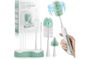 Momcozy 7 in 1 Electric Bottle Brush Kit, Portable Cleaning Set with Formula Mixer, Silicone Brush, Nipple Brush, Straw Brush, Soap Dispenser, Drying Rack - Long Battery Life for Home & Travel