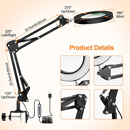 Magnifying Desk Lamp with Clamp, LED Magnifier Glass with RGB Lighting