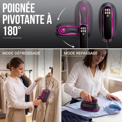 2 in 1 Garment Steamer, 1300 W Portable Garment Steamer, Travel Iron, Multi-Mode Touch Screen, 4 Steams, Dry Ironing + Self-Cleaning, 160 ml Tank Home/Travel