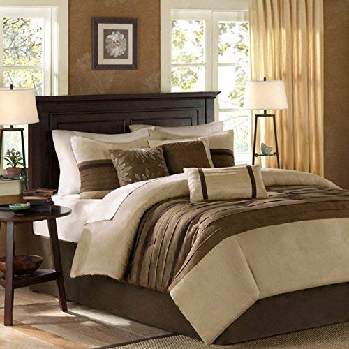 Madison Park Palmer Full Size Bed Comforter Set Bed in A Bag - Taupe, Brown, Pieced Stripe â€“ 7 Pieces Bedding Sets â€“ Faux Suede Bedroom Comforters