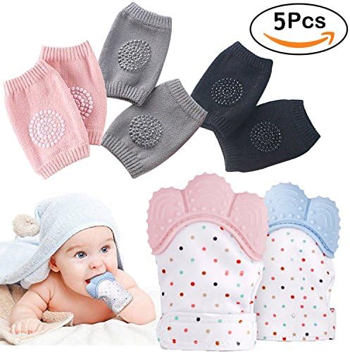 5 PACK Baby Knee Pads and Baby Teething Mitten - MarMoon Safe Food Grade Teether Glove with Self Soothing Silicone for 3M-18M Babies, Adjustable Breathable Crawling Anti-Slip Knee Safety Protector