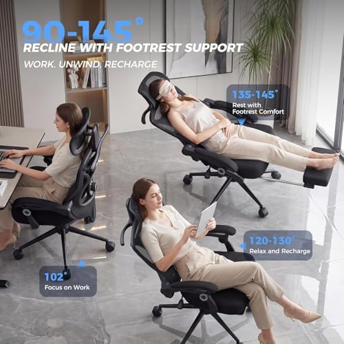 CYKOV Ergonomic Office Chair with Footrest, 90-160° Reclining Mesh Desk Chair with Adjustable Lumbar Support & Headrest, High Back Computer Chair for Home Office and Gaming, 350 lbs