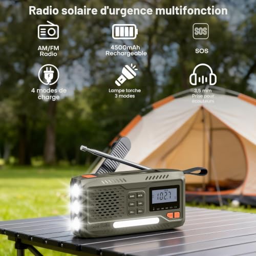 Survival Radio, Battery Operated Portable Solar Radio with 4500mAh Rechargeable Battery, AM/FM Crank, Screen, Emergency Kit with Lamp, SOS Alarm and Smart Phone Emergency Charging