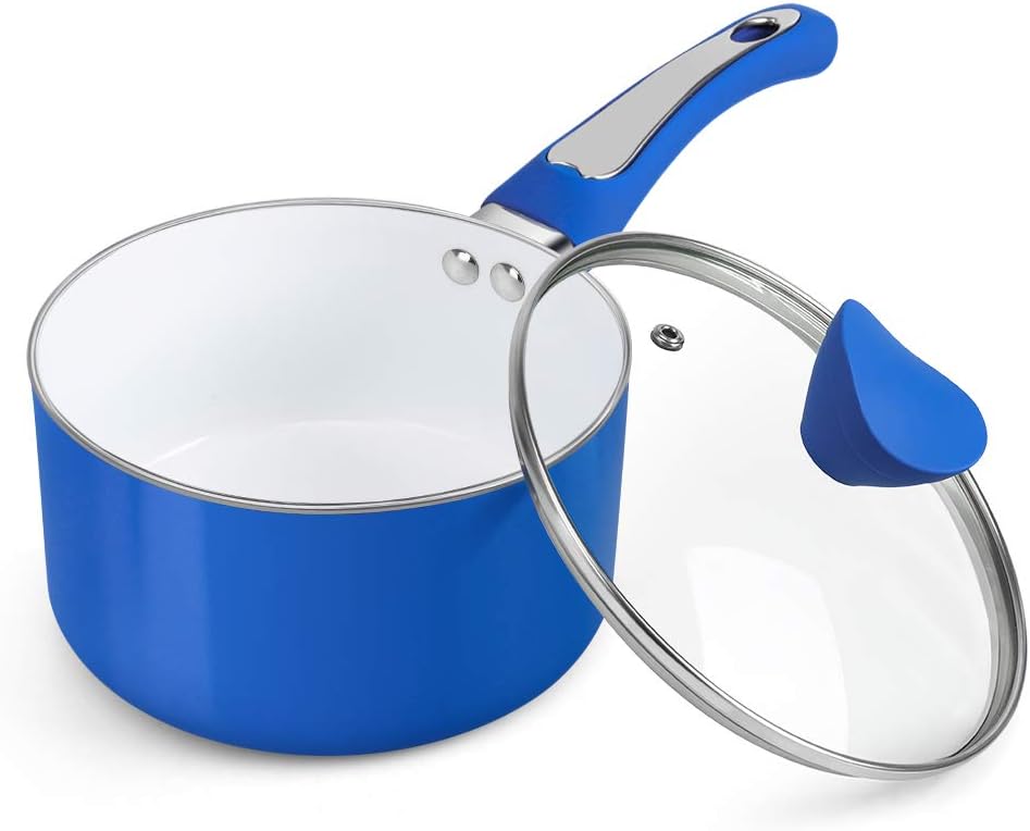 FGY Keramik-Antihaft-Kochtopf, Milchtopf – 16 cm / 1 Quart Keramikbeschichtung Mini-Soßentopf Induktion – Deckel aus gehärtetem Glas und hitzebeständige Griffe (blau)