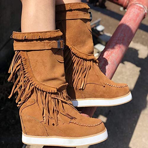 Women's Flat Bottom Midi Calf Boots Retro Fringe Increased Lace Up Boots Ethnic Vintage Comfy Leather Outdoor Shoes Brown