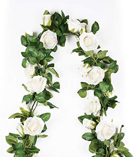 Flojery 6.5Ft Silk Rose Vine Artificial Rose Garland Fake Hanging Flower for Wedding Wall Bedroom Home Decor,Pack of 2 (Cream White)