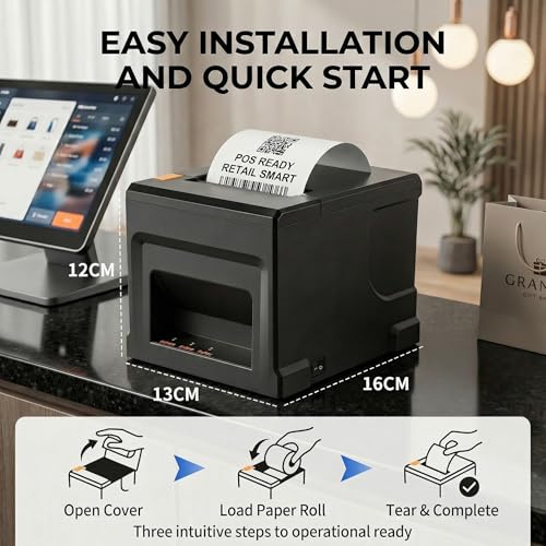 Fuhuihe 80mm Thermal POS Printer with Automatic Cutter and 5 Rolls of Paper - 300mm/s for Windows PC, USB LAN Bluetooth