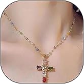 Mexegy Vintage Rhinestone Cross Pendant Necklace for Women,Colored Sparkling Crystal Beaded Statement Choker,Trendy Party Banquet Jewelry Accessories Gifts