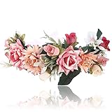 Flower Crown Headband Floral headpiece - New Bohemian Ribbon Adjust Flower Hairbands Party Wedding Hair Wreaths (Peach beige-A)