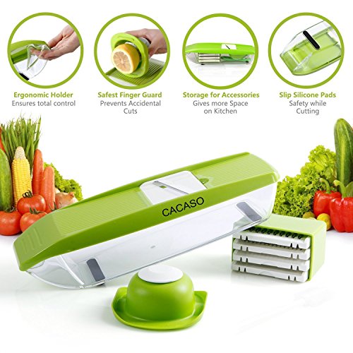 CACASO Mandoline Premium Vegetable Potato Slicer Grater Cutter for Tomato Onion, Cucumber, Zucchini Pasta, Cheese, Julienne Veggie Peeler Chopper Kitchen, Green