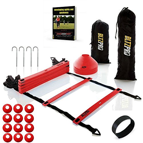 Bltzpro Agility Ladder soccer cones Kit- A speed training equipment for football and team sports skills practice. Ideal for coaching and conditioning includes 2 bags/4 stakes/24 agility drills Ebook 