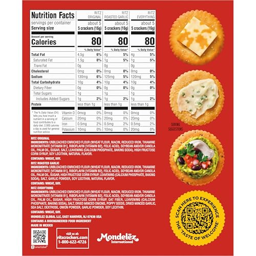 RITZ FRESH STACKS ORIGINAL, EVERYTHING, AND GARLIC BUTTER CRACKERS VARIETY PACK, TRAVEL SNACKS, 8.85 OZ (6 MULTI SNACK PACKS)