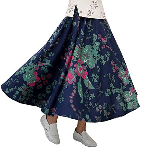 Printed Summer Bohemian Style High Elastic Waist Band Linen Long Maxi Skirt Dress for Women