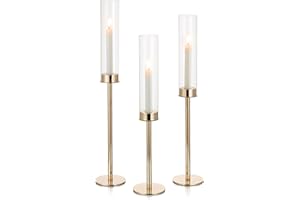NUPTIO Gold Taper Candle Holders: Set of 3 Tall Hurricane Candlestick Holder with Open Ended Clear Glass Covers Long Stem Metal Candle Stick Stand for Fall Thanksgiving Christmas Table Decor