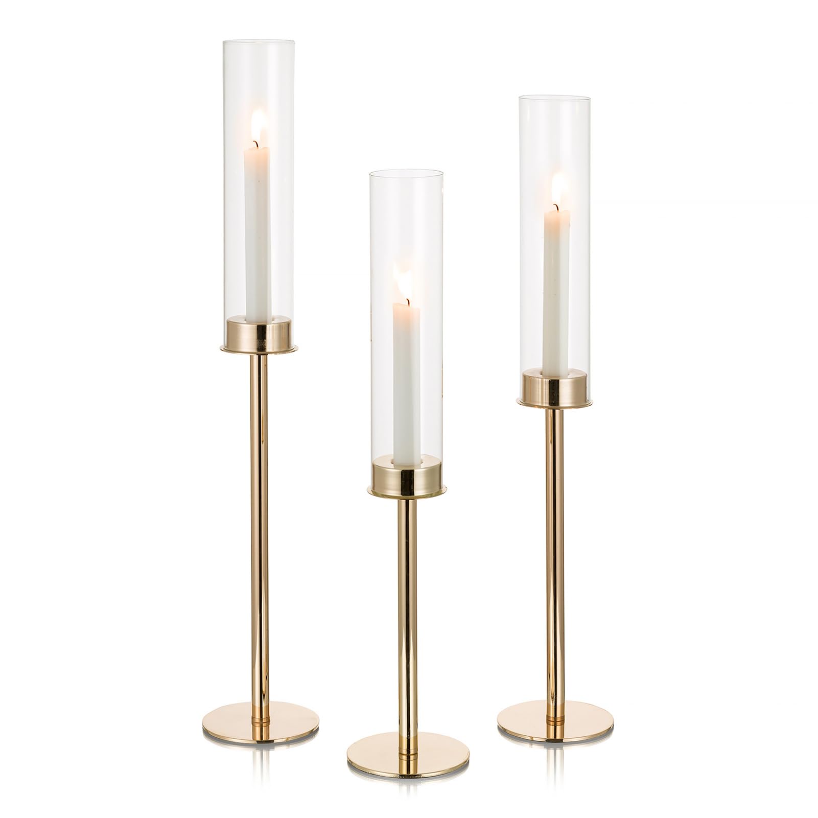 NUPTIO Candle Sticks Holder Hurricane - 60cm & 55cm & 50cm Gold Taper Candle Holder Glass Cylinder Candlestick Tall Wedding Table Centrepiece Party Decor Metal 3Pcs