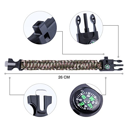 FANSI Emergency Paracord Bracelets, Tactical Survival Gear Kit, Flint Fire Starter, Whistle, Compass & Scraper/Knife, 3.5 Meter Parachute Cord For Camping/Fishing (4 Pack) (green/black/white)