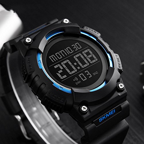 Men's Digital Waterproof Sports Watch Military Multifunction Dual Time Countdown Stopwatch Alarm Back Light 50M Waterproof Watch (Blue)