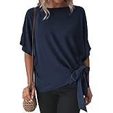 CORIRESHA Women's Batwing Sleeve Knot Side Tie Round Neck Loose Blouse Shirt Top