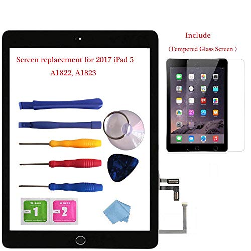 for 2017 iPad 5 Glass Touch Screen Digitizer Replacement Kit Black A1822, A1823 with Home Button Flex, Adhesive Tape, Screen Protector, Instruction Manualï¼Œand Repair Toolkit