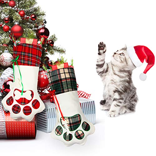 Aiduy Pet Christmas Stocking, 18" Dog Paw Christmas Stockings Hanging Plaid Cat Xmas Stockings for Christmas Decorations and Holiday Decor, 2 Pack