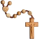Sine Cera Olive Wood 5 Decade Catholic Rosary, Laser Cut Crucifix and Doube-sided Laser Engraved Centerpiece, Durable Corded Design 19" Length, Smooth 10mm Beads